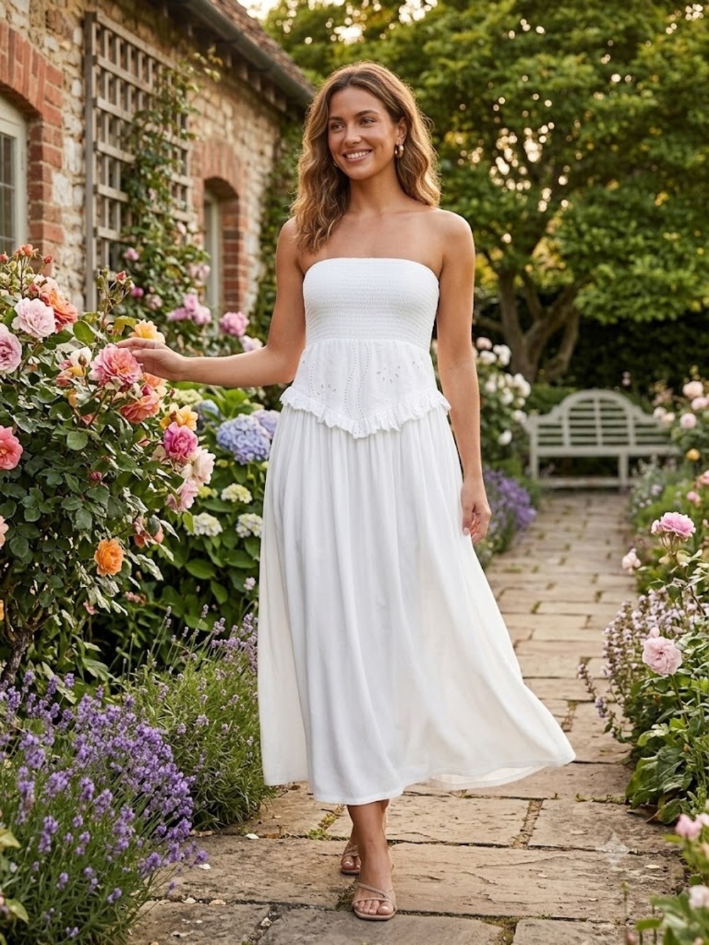 Band of the free NWT White Strapless Smocked Eyelet Maxi Dress